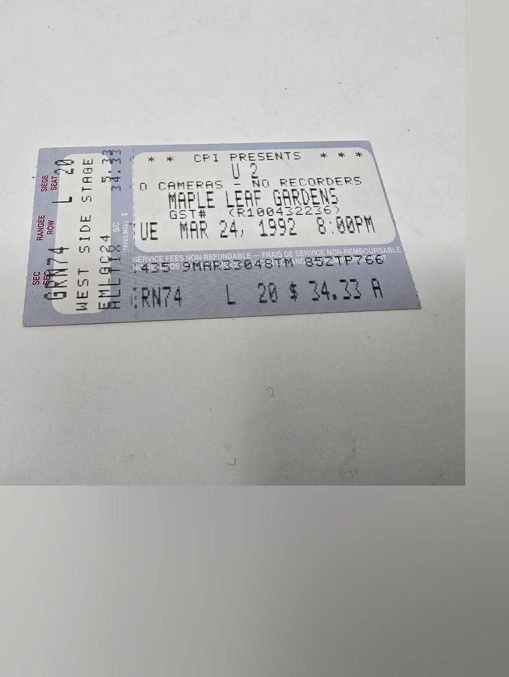 Vintage 90s U2 Concert Ticket Stub Toronto Maple Leaf Gardens March 24 1992